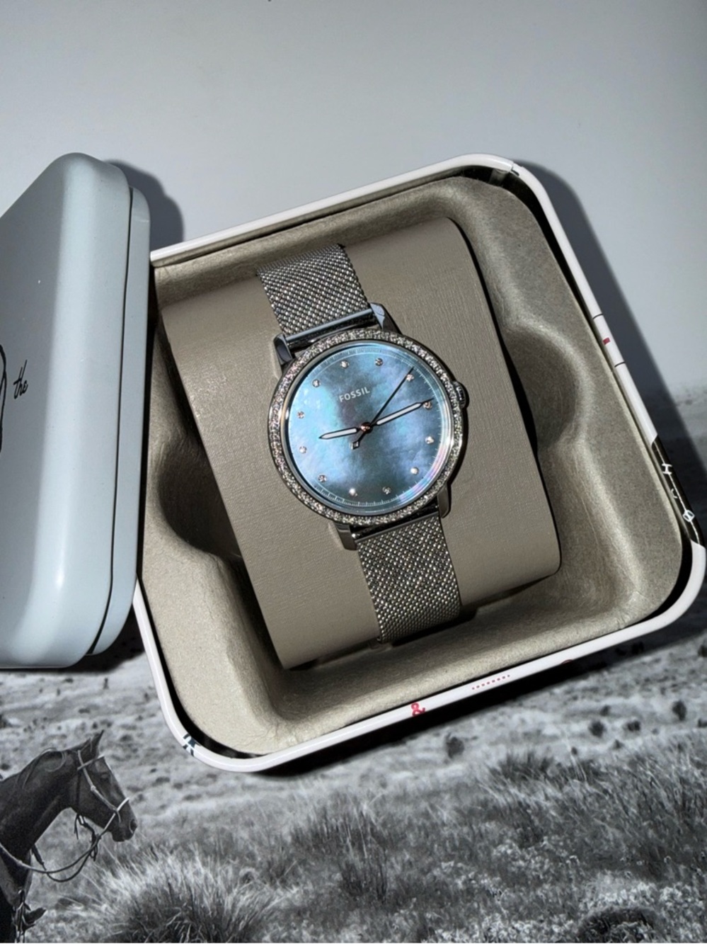 Fossil Women's Stainless Steel Three Hand Watch Mesh Band 16mm Silver and Blue